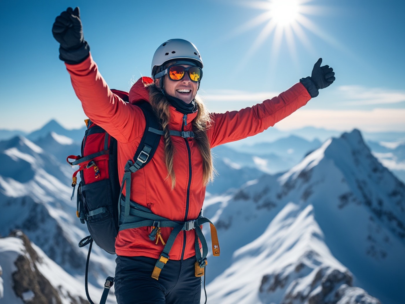 A mountaineer standing on a summit, arms raised