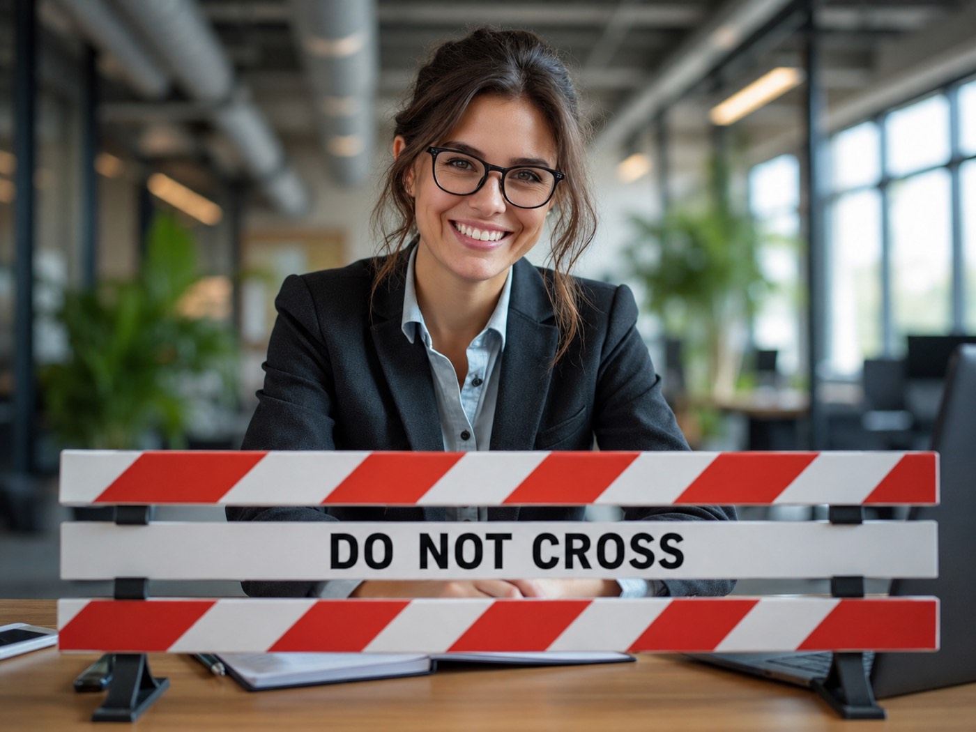 An executive standing behind a DO NOT CROSS barrier tape