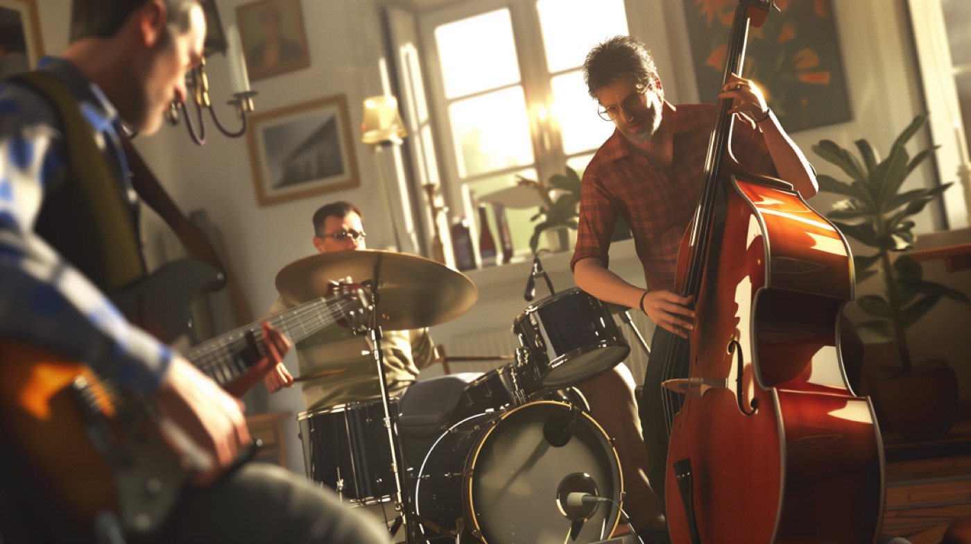 A band playing together in a living room, the bassist in the foreground