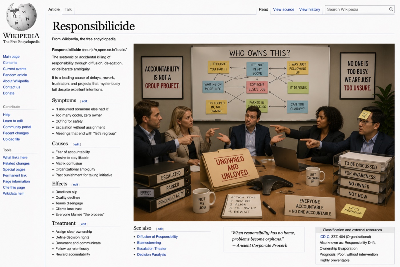 Responsibilicide — a fictional corporate disorder (satirical illustration)