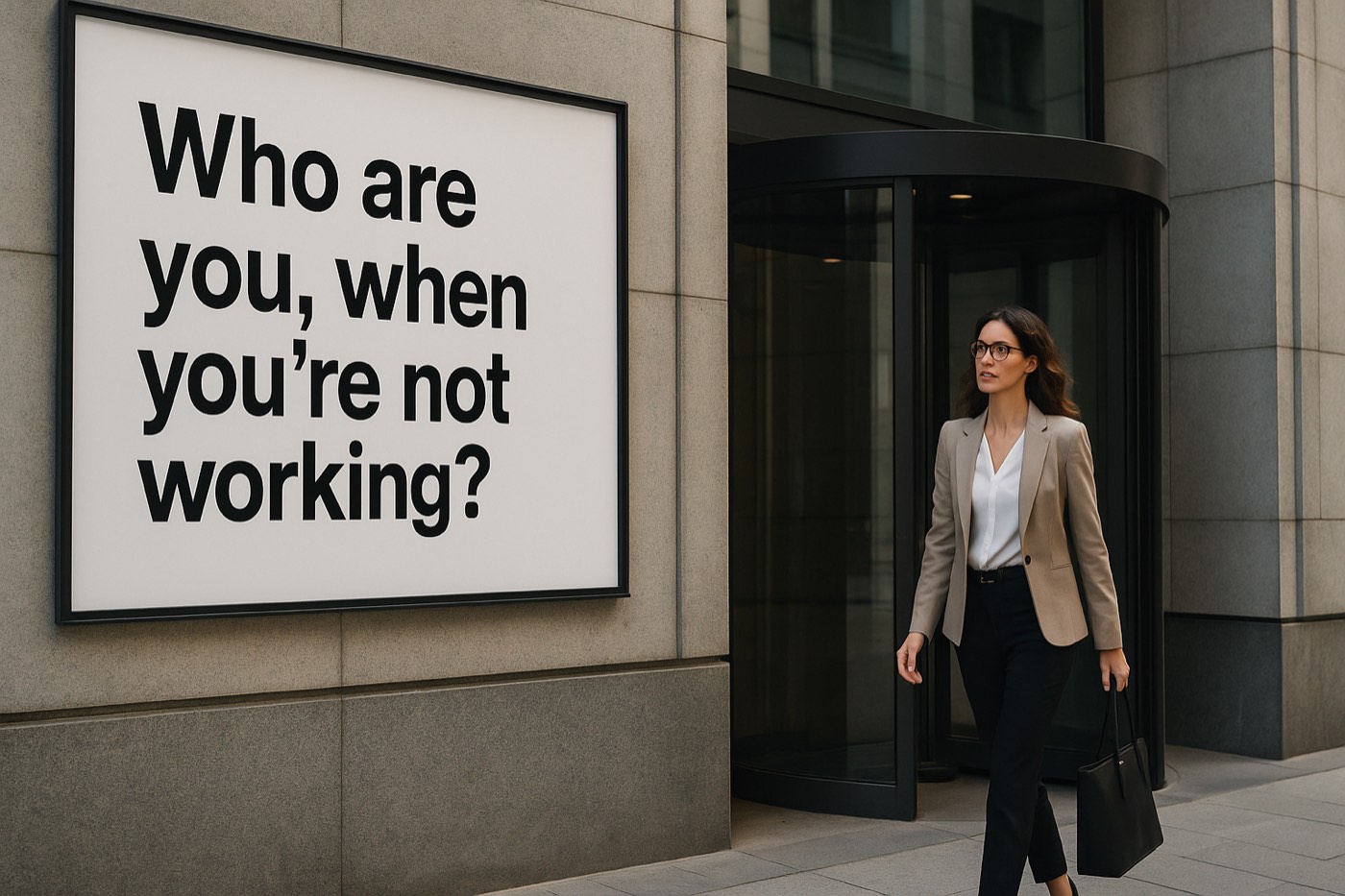 A businesswoman walking past a large billboard