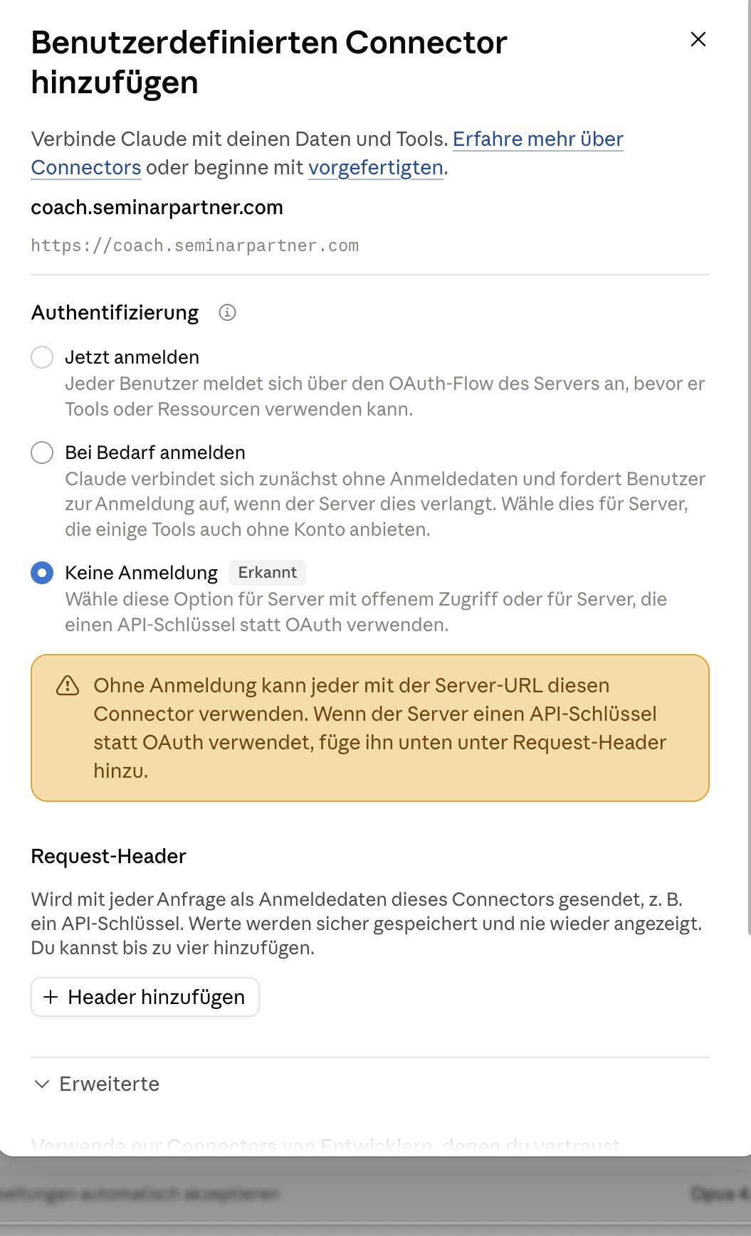 Claude-Dialog zum Hinzufügen eines Connectors mit der URL coach.seminarpartner.com und der Option Keine Anmeldung
