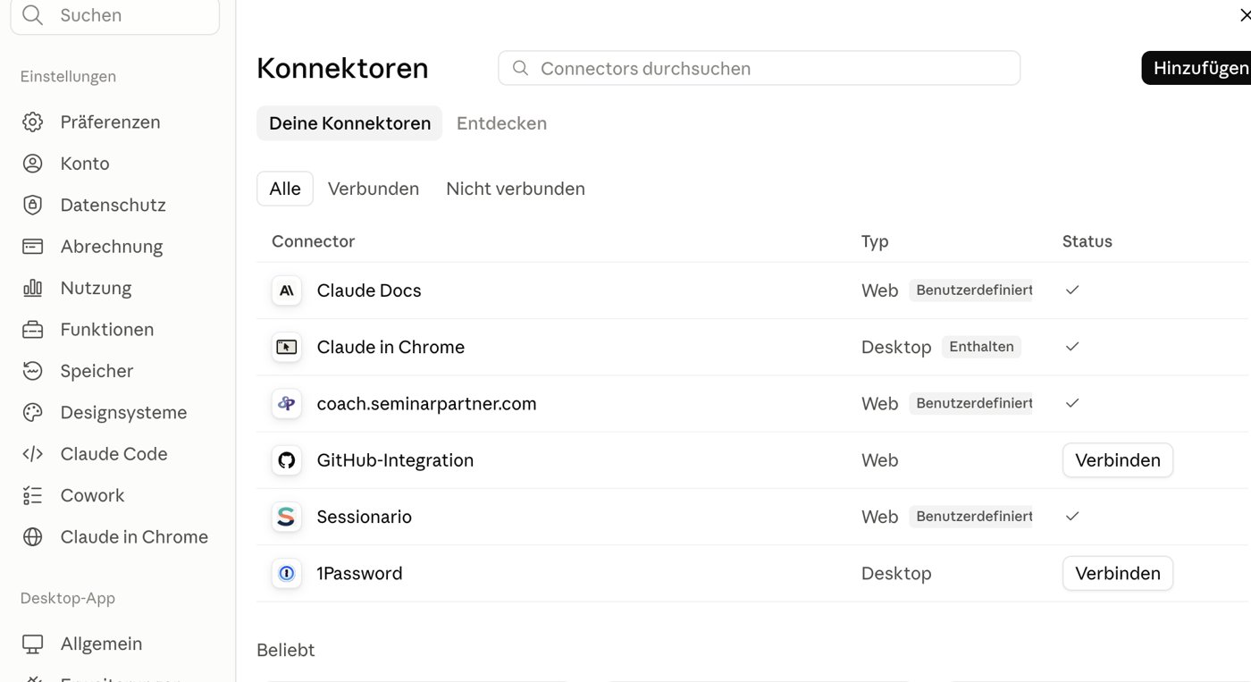 Claude-Connector-Liste mit verbundenem coach.seminarpartner.com