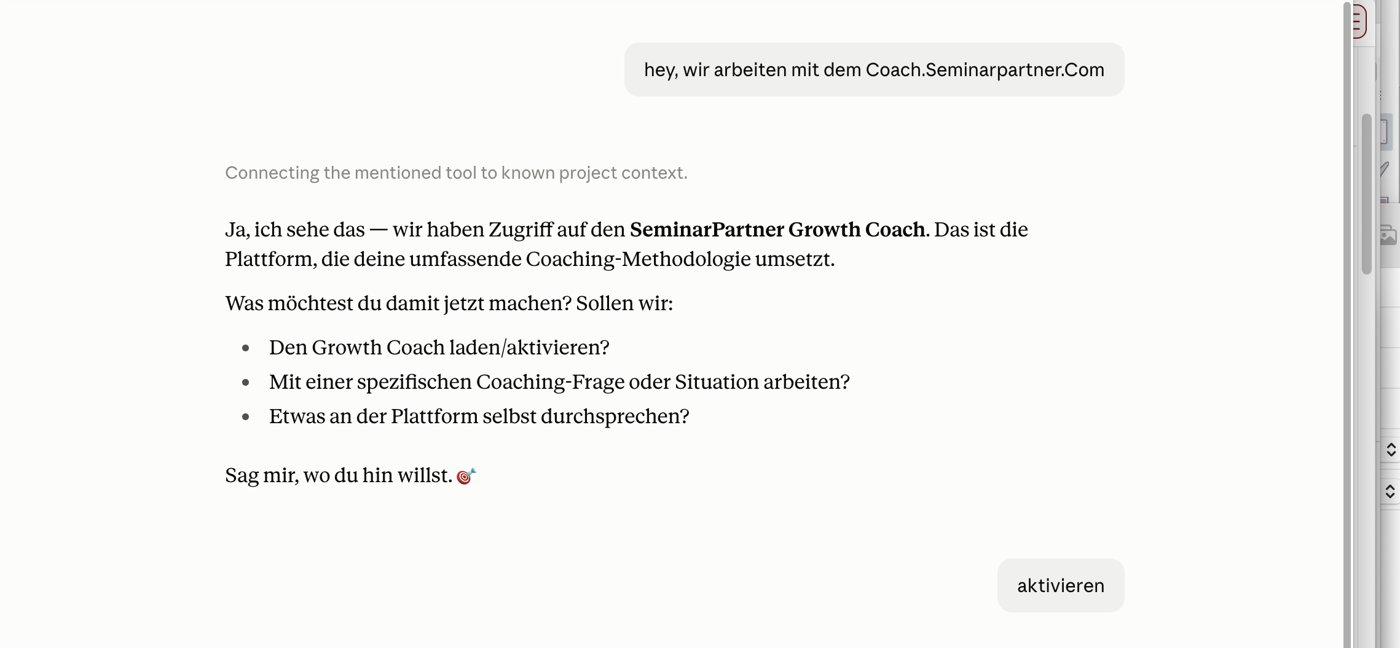 Claude-Chat, in dem der SeminarPartner Growth Coach erkannt und aktiviert wird