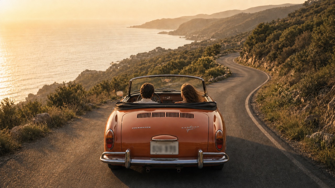 Ein Paar fährt bei Sonnenuntergang in einem klassischen Cabrio eine Küstenstraße entlang